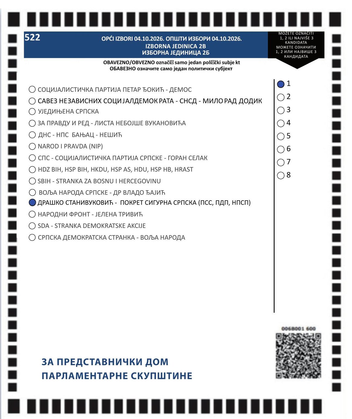 Показни изборни листић за Представнички дом Парламентарне скупштине БиХ, са попуњеним кругом испред Покрета Сигурна Српска и кругом поред броја 1.